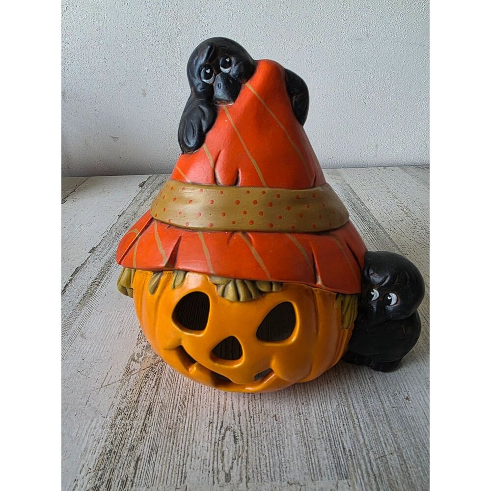 Vintage ceramic scarecrow pumpkin jack-o'-lantern light up Crow decor